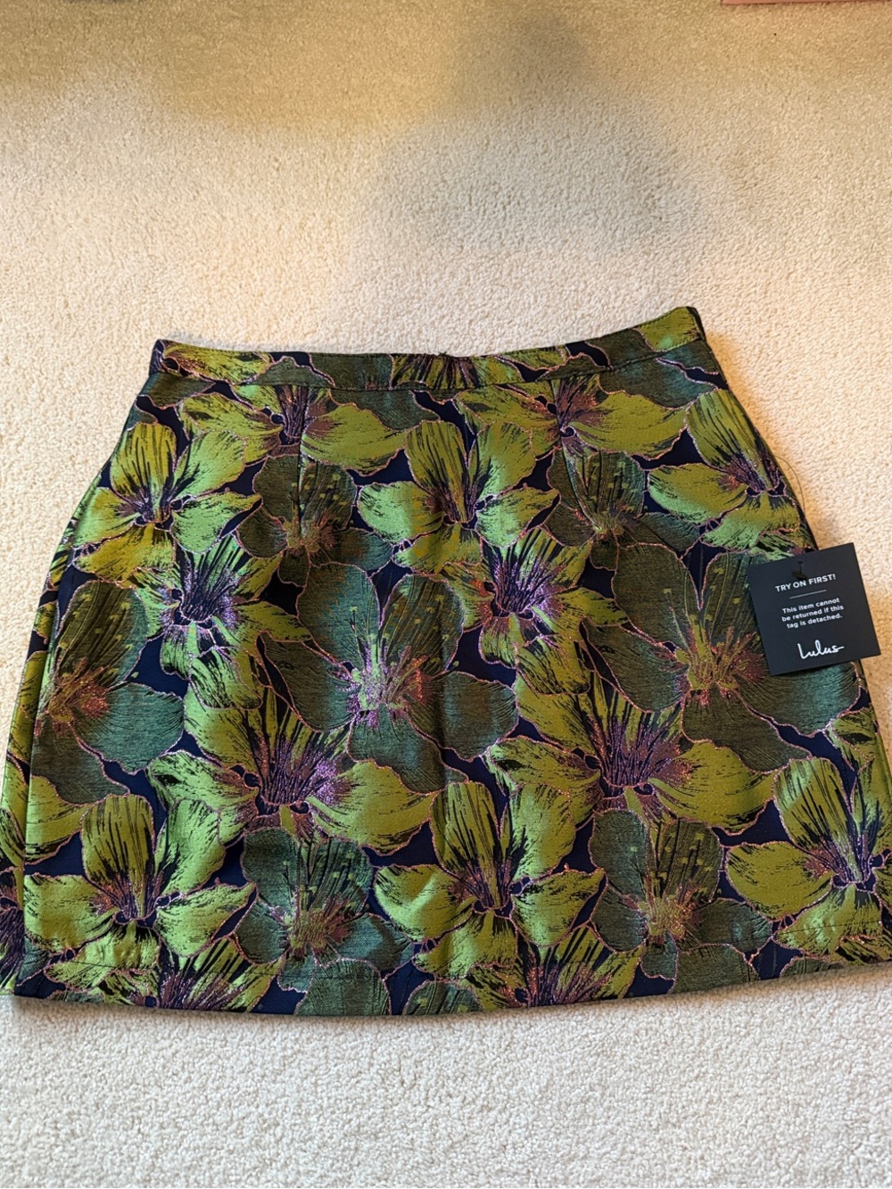 Lulu's Green & Navy Mini Skirt with Floral Jacquard and Pink Sparkles